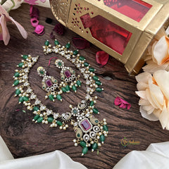 Victorian Diamond Short Neckpiece-Red-Green Beads-VV1876