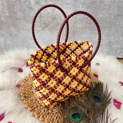 Vriksham Sunburst Hand-Woven Tote Maroon And Creamy Yellow Lattice Bag-KRG2155