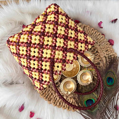 Vriksham Sunburst Hand-Woven Tote Maroon And Creamy Yellow Lattice Bag-KRG2155