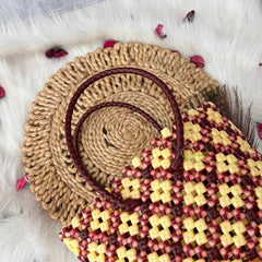 Vriksham Sunburst Hand-Woven Tote Maroon And Creamy Yellow Lattice Bag-KRG2155