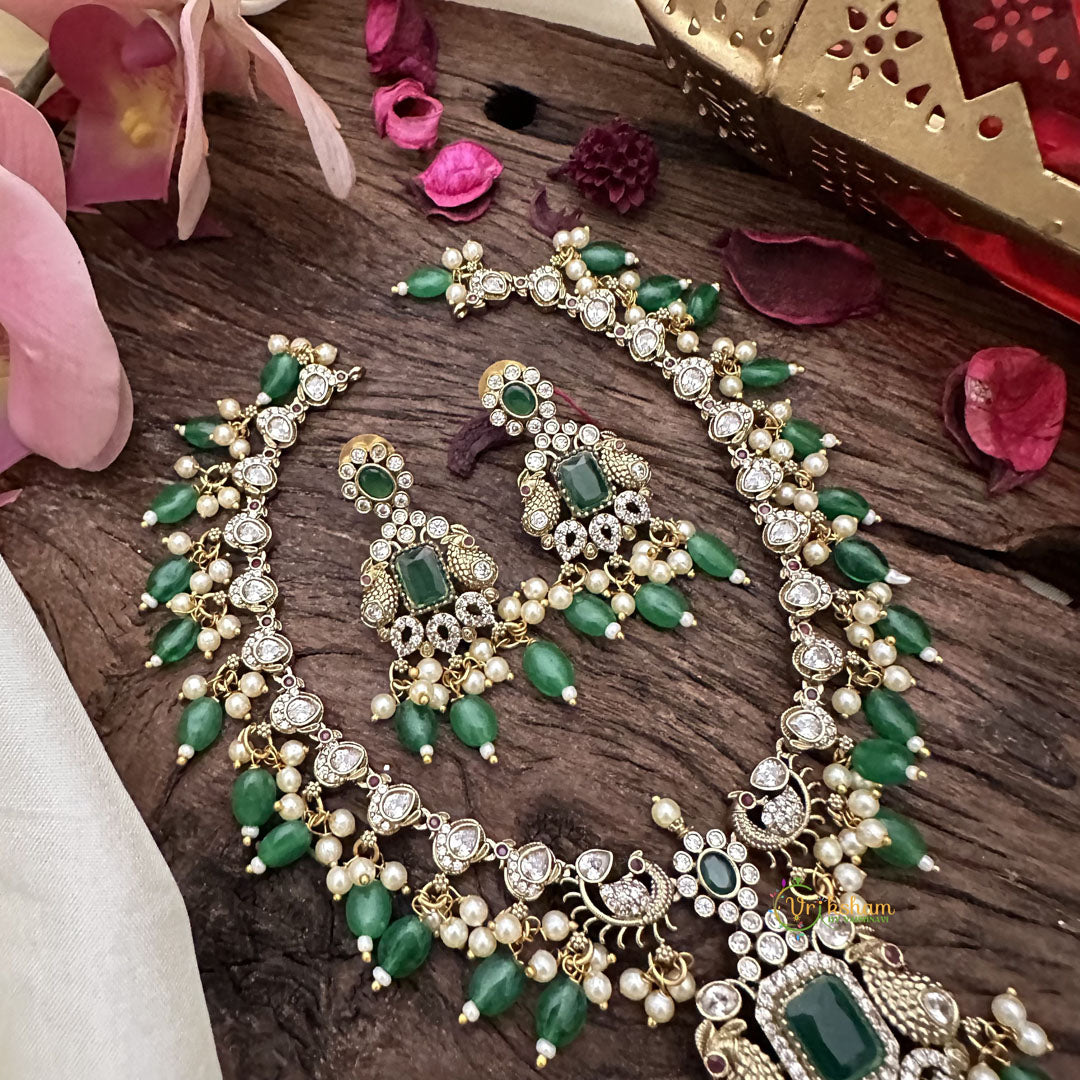 Victorian Diamond Short Neckpiece-Green-Green Beads-VV1877