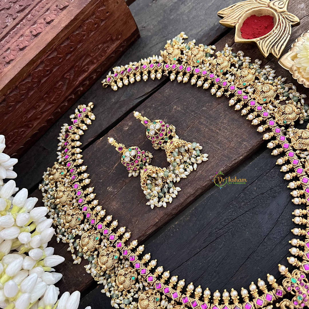 Vriksham Classic Peacock Golden Grace Kundan Jadau Guttapusalu Long Neckpiece-Green & Rice Pearl Bead-J3821