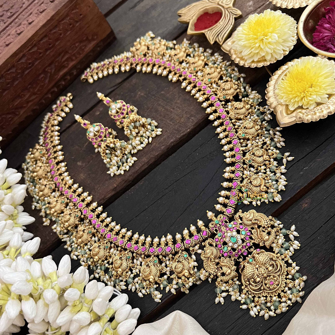 Vriksham Classic Peacock Golden Grace Kundan Jadau Guttapusalu Long Neckpiece-Green & Rice Pearl Bead-J3821