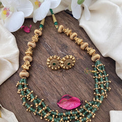 Layered Golden Polish Bead with Green Bead Mala-G15055