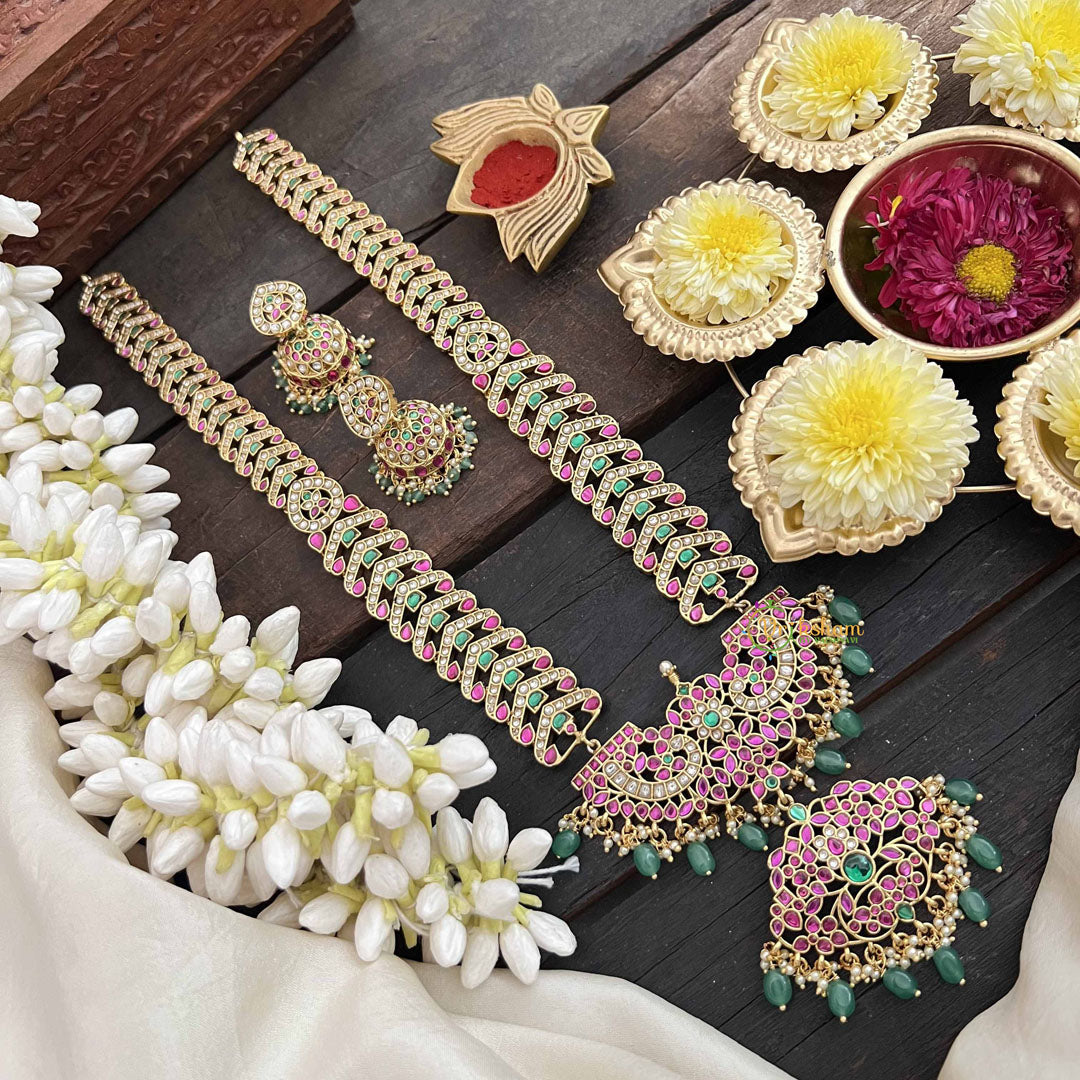 Vriksham Heritage Floral Pendant With Leaf Pattern Kundan Jadau Neckpiece-Red Green & White-Green Bead-J3814