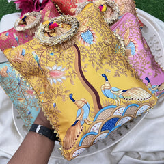 Return Gift Hand Bags-Peacock Art Cushion With Golden Handle-6 Pieces Set-RG295