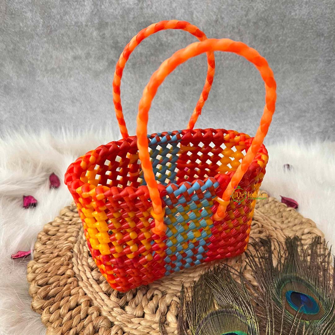 Vriksham Red, Orange & Light Blue Dual-Tone Woven Tote Bag-KRG2162