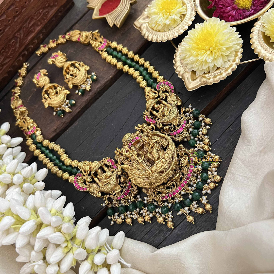 Vriksham Vaibhavi Bahubali Temple Gold Pendant Long Neckpiece-Gold & Green Bead-G20552