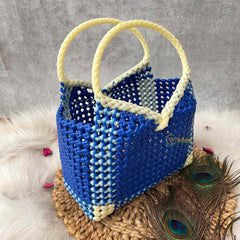 Vriksham Flamingo Blue & Cream Tote Hand-Woven Checkerboard Knot Bag-KRG2157