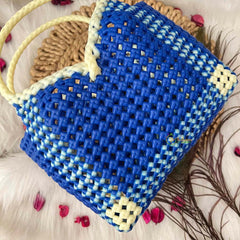 Vriksham Flamingo Blue & Cream Tote Hand-Woven Checkerboard Knot Bag-KRG2157