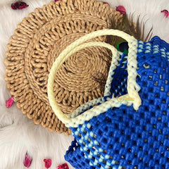 Vriksham Flamingo Blue & Cream Tote Hand-Woven Checkerboard Knot Bag-KRG2157