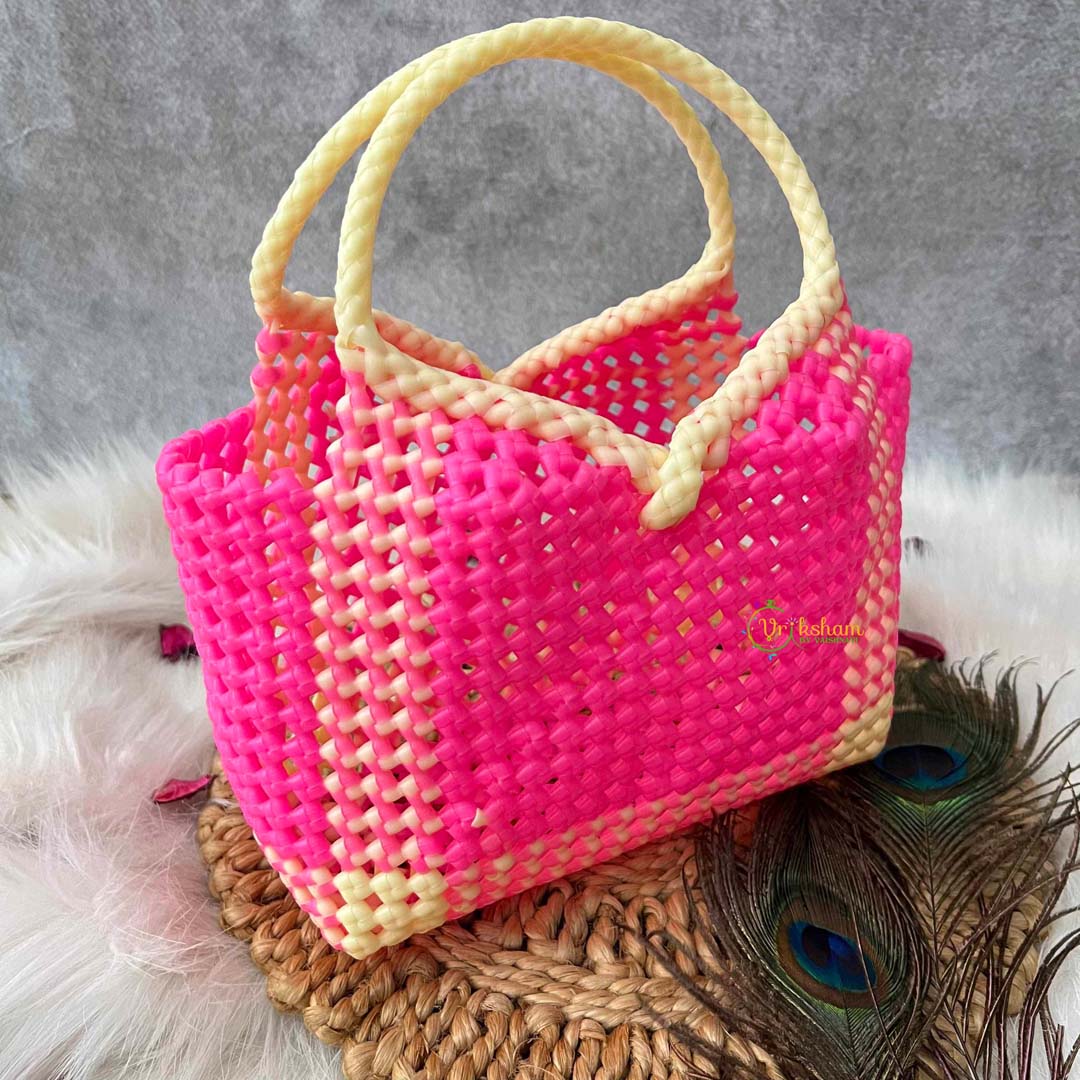Vriksham Flamingo Pink & Cream Tote Hand-Woven Checkerboard Knot Bag-KRG2156