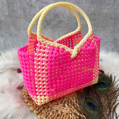 Vriksham Flamingo Pink & Cream Tote Hand-Woven Checkerboard Knot Bag-KRG2156