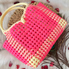 Vriksham Flamingo Pink & Cream Tote Hand-Woven Checkerboard Knot Bag-KRG2156