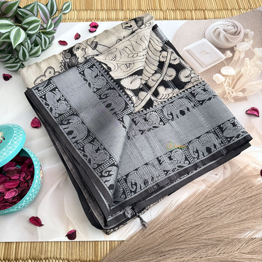 Vriksham Gray Kalamkari Saree With Kanchi Border-VS4681