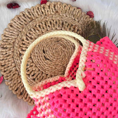 Vriksham Flamingo Pink & Cream Tote Hand-Woven Checkerboard Knot Bag-KRG2156