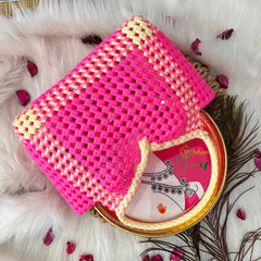 Vriksham Flamingo Pink & Cream Tote Hand-Woven Checkerboard Knot Bag-KRG2156