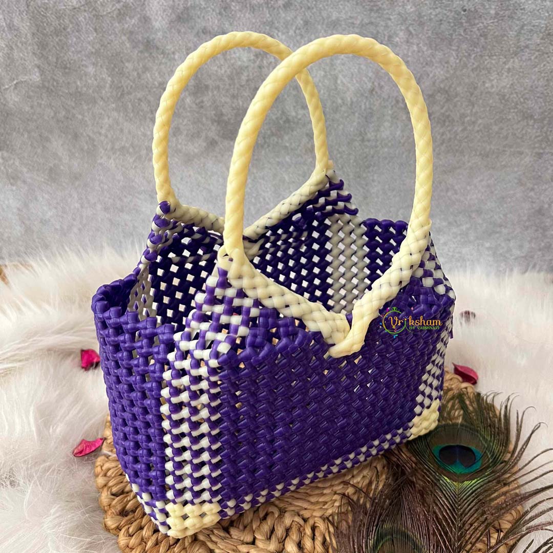Vriksham Flamingo Purple & Cream Tote Hand-Woven Checkerboard Knot Bag-KRG2158