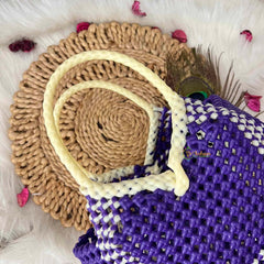 Vriksham Flamingo Purple & Cream Tote Hand-Woven Checkerboard Knot Bag-KRG2158