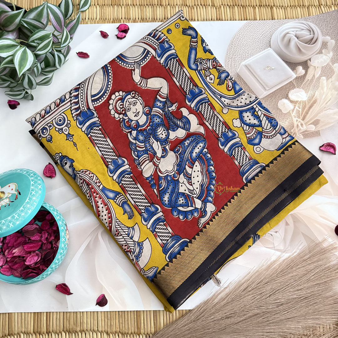 Vriksham Black & Yellow  Kalamkari Saree With Nizam Border-VS4678