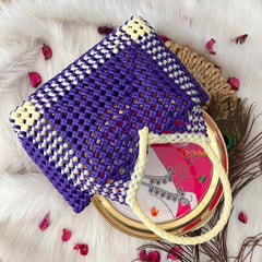 Vriksham Flamingo Purple & Cream Tote Hand-Woven Checkerboard Knot Bag-KRG2158