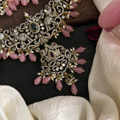 Premium Victorian Diamond Pendant Short Necklace-Pastel Pink Beads-VV1495