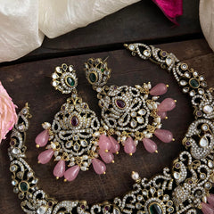Premium Victorian Diamond Pendant Short Necklace-Pastel Pink Beads-VV1495