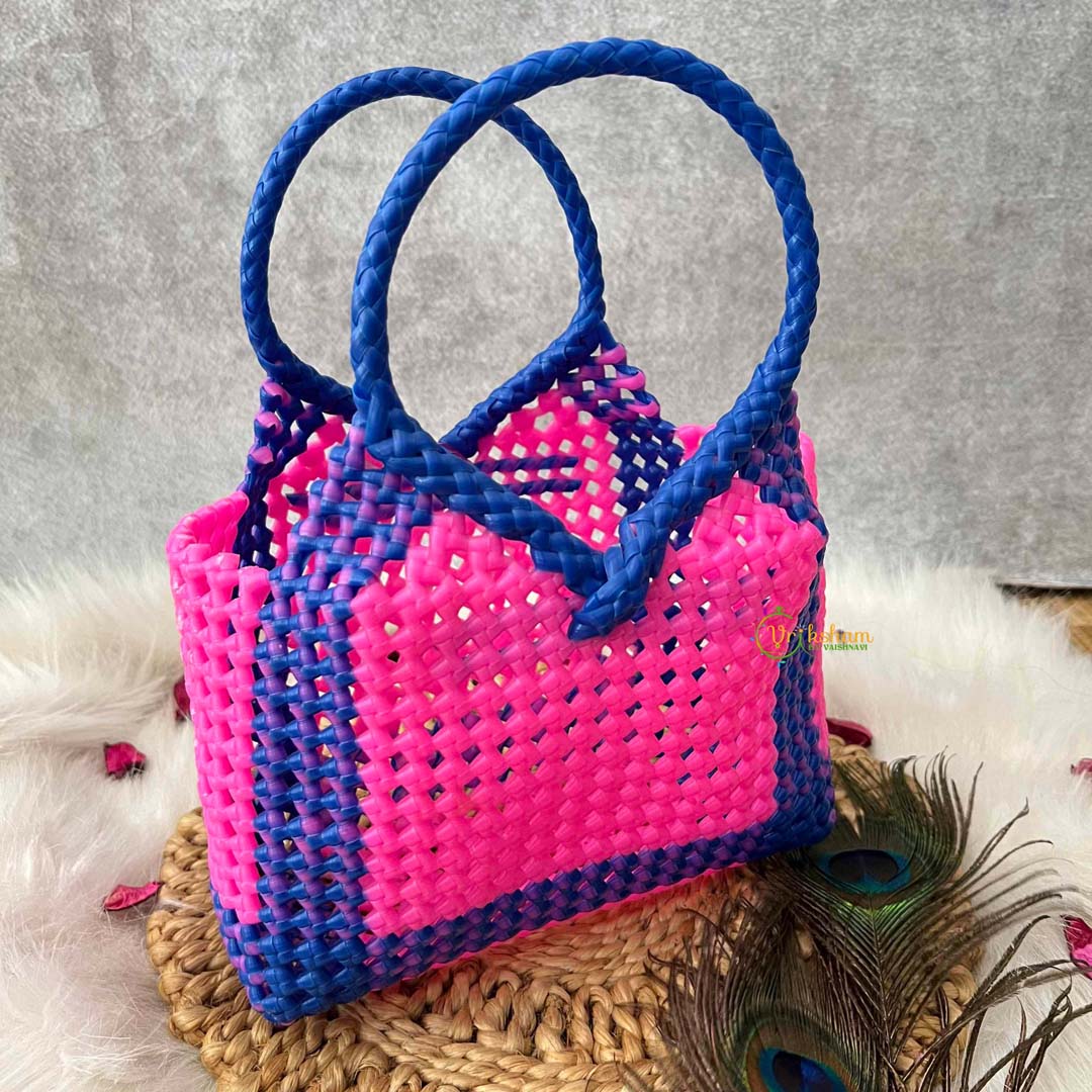 Vriksham Flamingo Pink & Blue Tote Hand-Woven Checkerboard Knot Bag-KRG2160