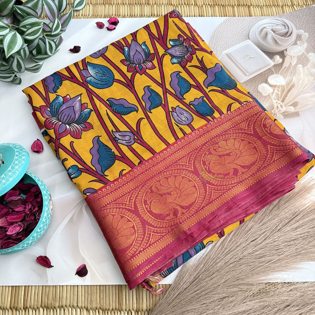 Vriksham Mustered Yellow With Maroon Kalamkari Saree With Kanchi Border-VS4684