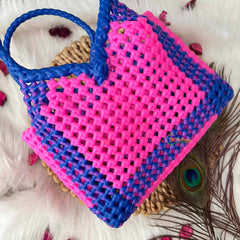 Vriksham Flamingo Pink & Blue Tote Hand-Woven Checkerboard Knot Bag-KRG2160