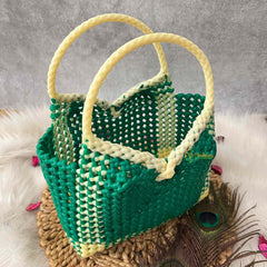Vriksham Flamingo Green & Cream Tote Hand-Woven Checkerboard Knot Bag-KRG2159