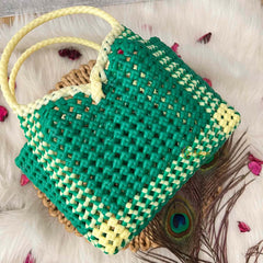 Vriksham Flamingo Green & Cream Tote Hand-Woven Checkerboard Knot Bag-KRG2159