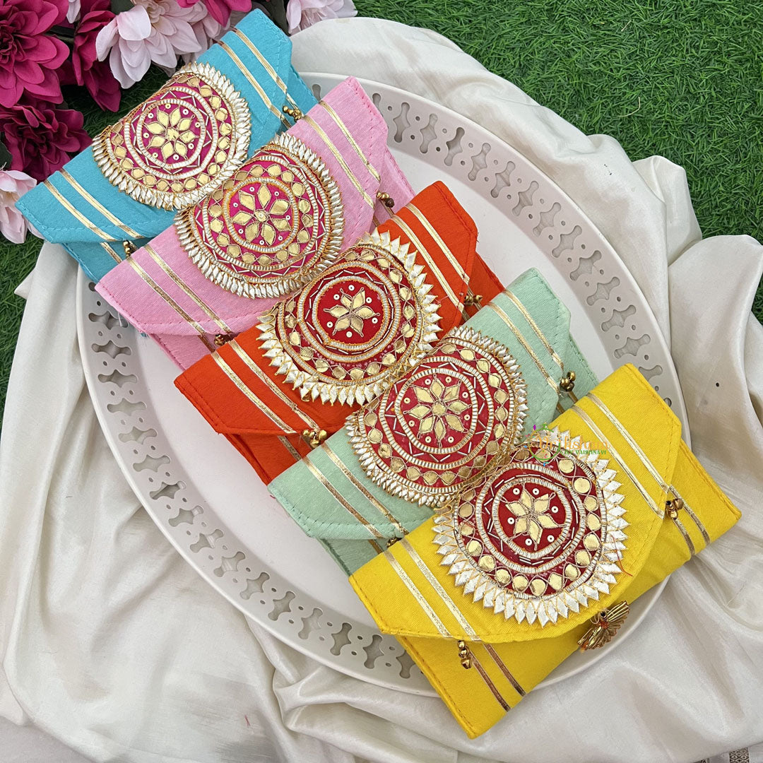 Return Gift Hand Bags-Festive Envelope Purse With Thread Work Gota patti-6 Pieces Set-RG296
