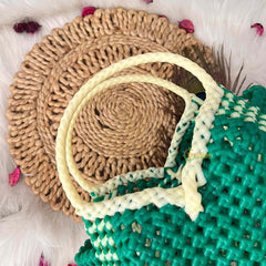 Vriksham Flamingo Green & Cream Tote Hand-Woven Checkerboard Knot Bag-KRG2159