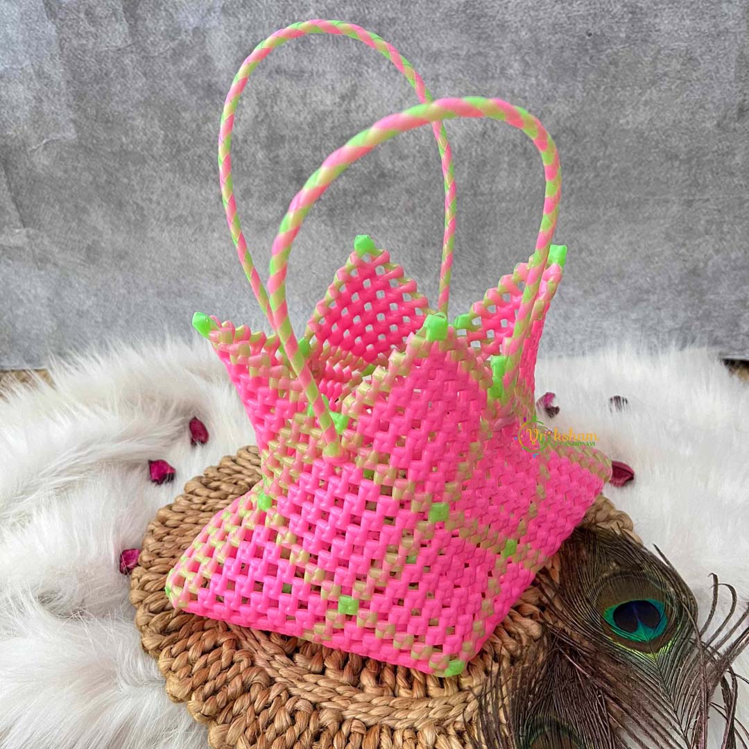 Vriksham Neon Star-Shaped Knot Bag Pink & Lime Green Artisan Tote Bag-KRG2166