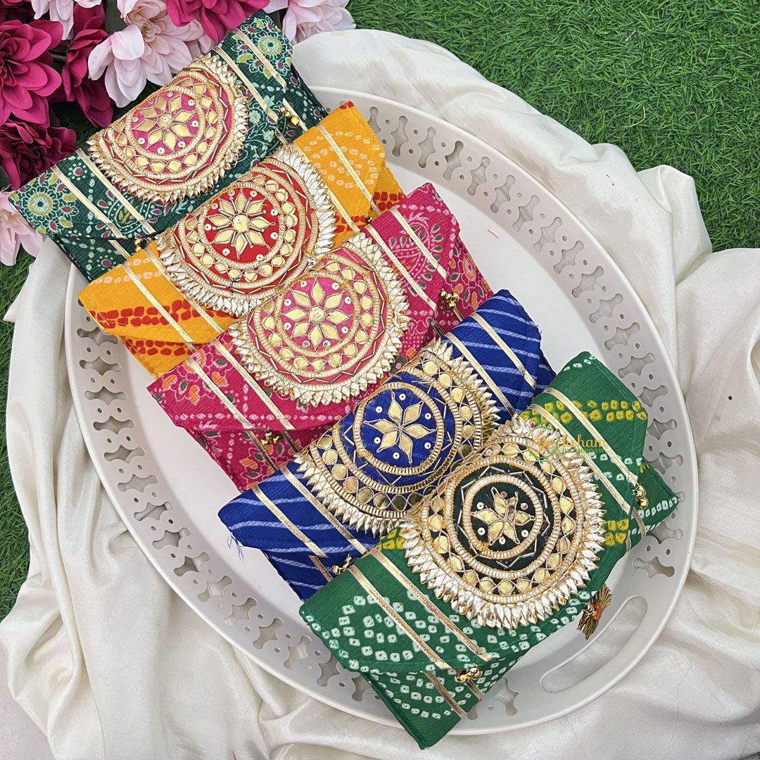 Return Gift Hand Bags-Bandhani Clutch Purse With Thread Work Gota Patti-6 Pieces Set-RG297