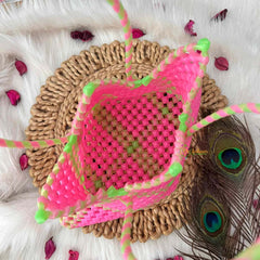 Vriksham Neon Star-Shaped Knot Bag Pink & Lime Green Artisan Tote Bag-KRG2166