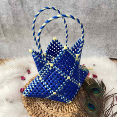 Vriksham Neon Star-Shaped Knot With Blue & Cream Color Artisan Tote Bag-KRG2168