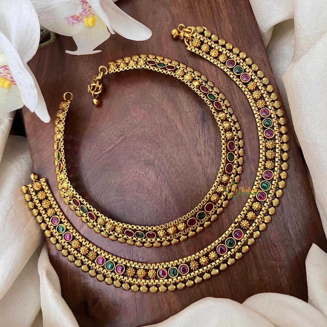 Vriksham Classic 4 Red & Green Dot Pear Bridal Gold Look Anklet-G21240