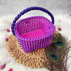 Vriksham Handmade Square Dual-Tone Pink With Purple Handle  Plastic Wire Basket Bag-KRG2170
