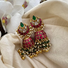 Traditional Jadau Kundan Floral Jhumka-Pearl-Green Beads-J2342