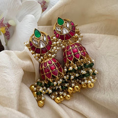 Traditional Jadau Kundan Floral Jhumka-Pearl-Green Beads-J2342