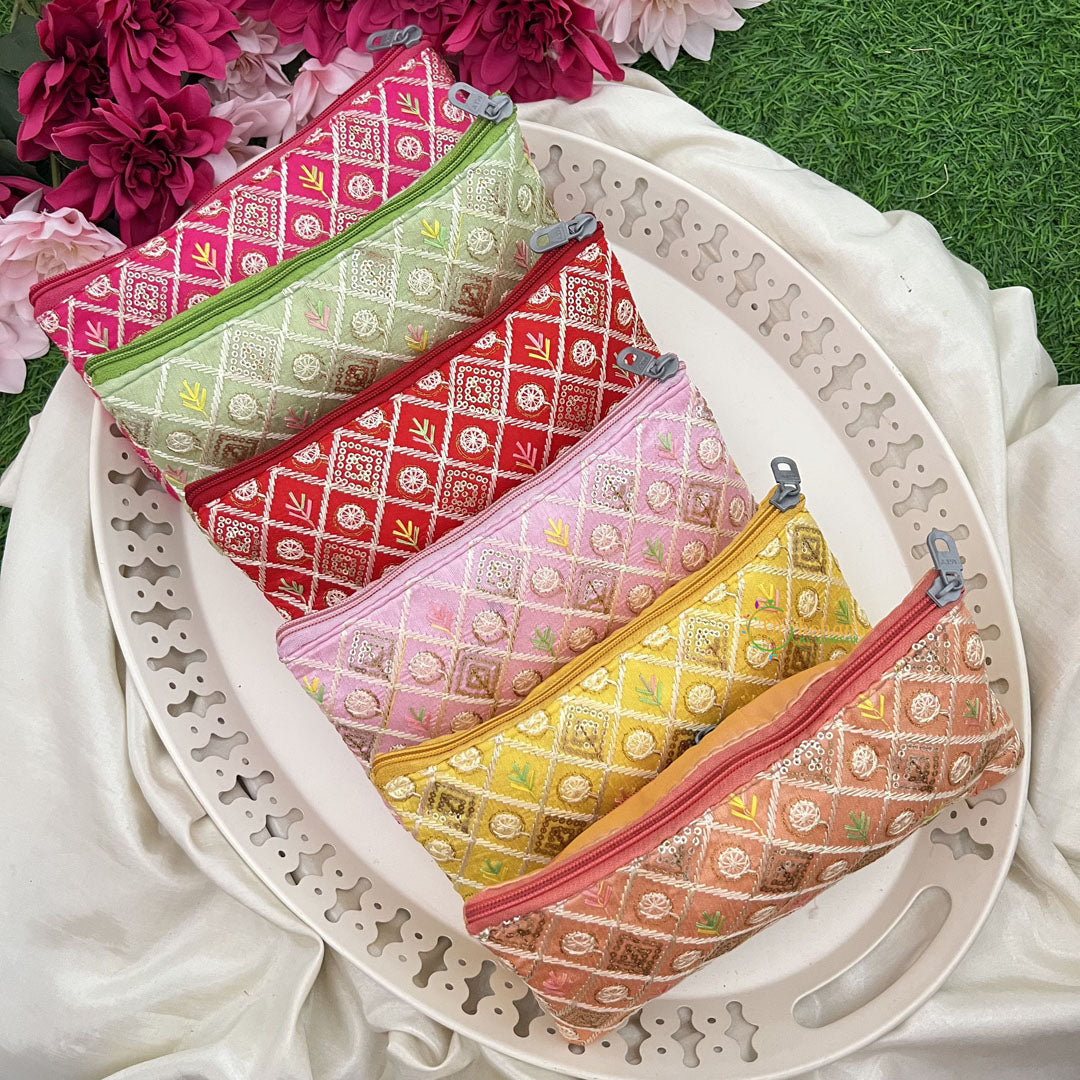 Return Gift Hand Bags-Embroidered Zipper Purse With Thread Work-6 Pieces Set-RG300