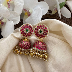 Elegant Jadau Kundan Floral Jhumka-Pearl-Gold Beads-J2290