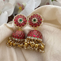 Elegant Jadau Kundan Floral Jhumka-Pearl-Gold Beads-J2290