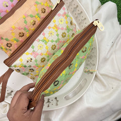 Return Gift Hand Bags-Pastel Embroidered Silk Pouch With Thread Work-6 Pieces Set-RG301