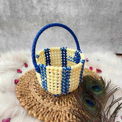 Vriksham Handmade Blue and Cream Plastic Wire With Woven Handle Basket Bag-KRG2172