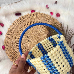 Vriksham Handmade Blue and Cream Plastic Wire With Woven Handle Basket Bag-KRG2172
