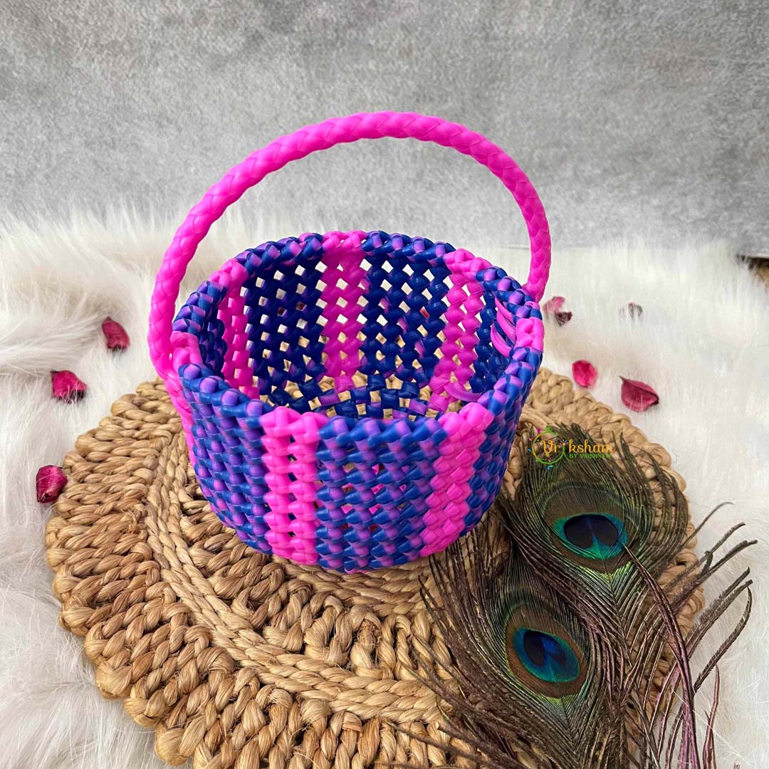 Vriksham Handmade Blue & Pink Plastic Wire With Woven Handle Basket Bag-KRG2173