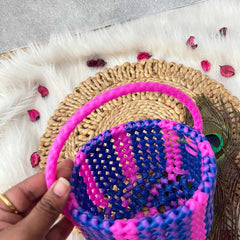 Vriksham Handmade Blue & Pink Plastic Wire With Woven Handle Basket Bag-KRG2173